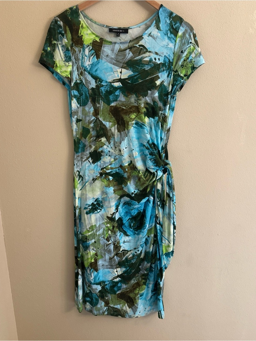 Lafayette 148 New York Blue Watercolor Floral Twist Front Midi Dress Size 8